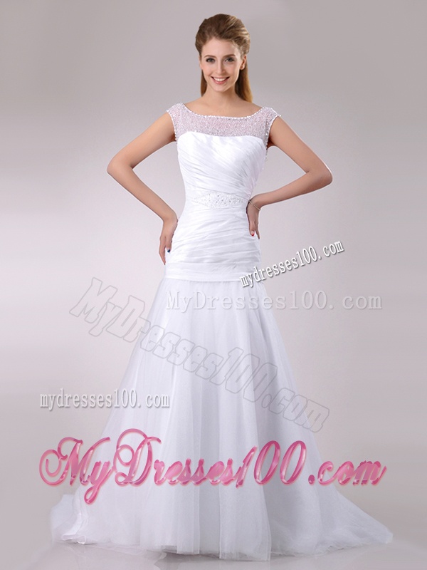 Wonderful Column Cap Sleeves Beaded and Ruched Wedding Dress in Tulle
