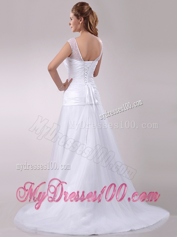 Wonderful Column Cap Sleeves Beaded and Ruched Wedding Dress in Tulle