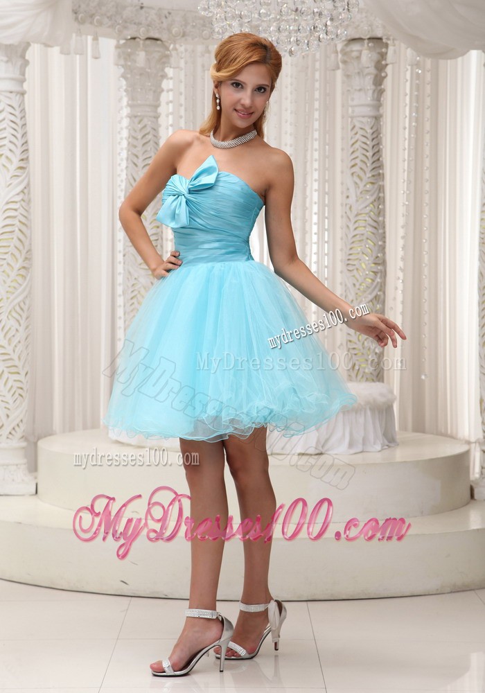 Aqua Blue Ruched Bodice Mini-length Evening Dress for 2013 Prom