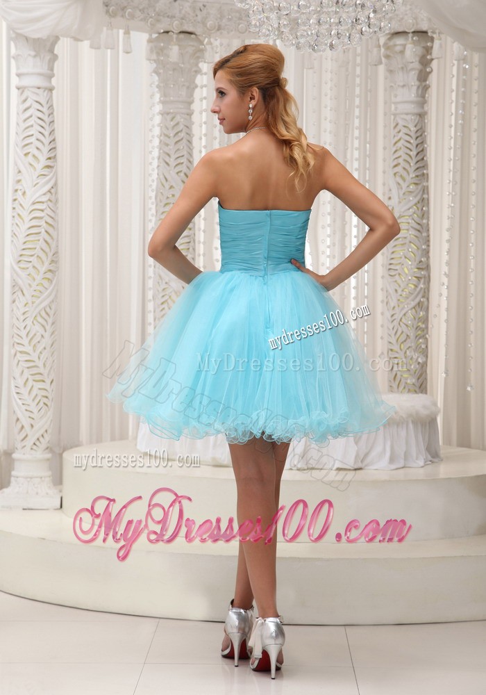 Aqua Blue Ruched Bodice Mini-length Evening Dress for 2013 Prom
