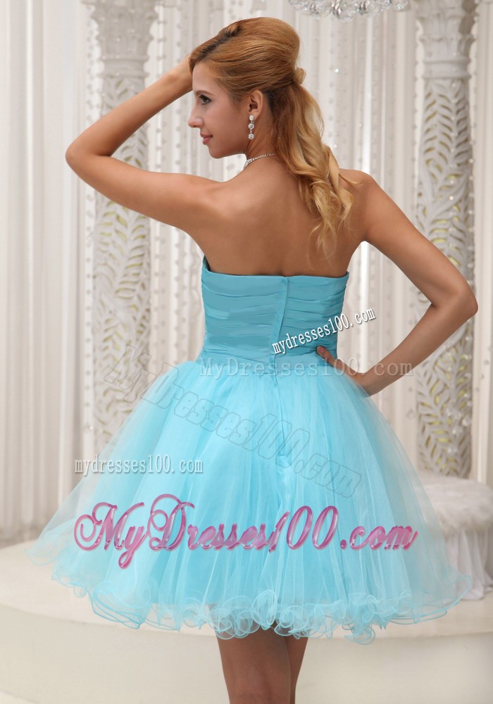 Aqua Blue Ruched Bodice Mini-length Evening Dress for 2013 Prom