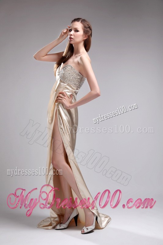 2013 Champagne Sweetheart Beading and High Silt Evening Dress