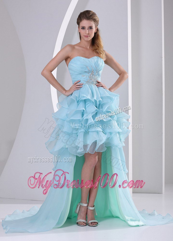 Light Blue High-low Sweetheart Beading and Ruffles Evening Dress
