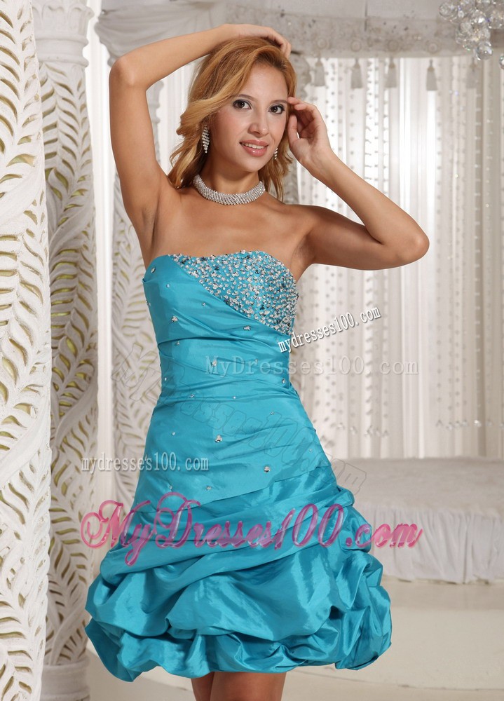 Strapless Beaded Decorate Bust and Pick-ups Aqua Blue Evening Dress