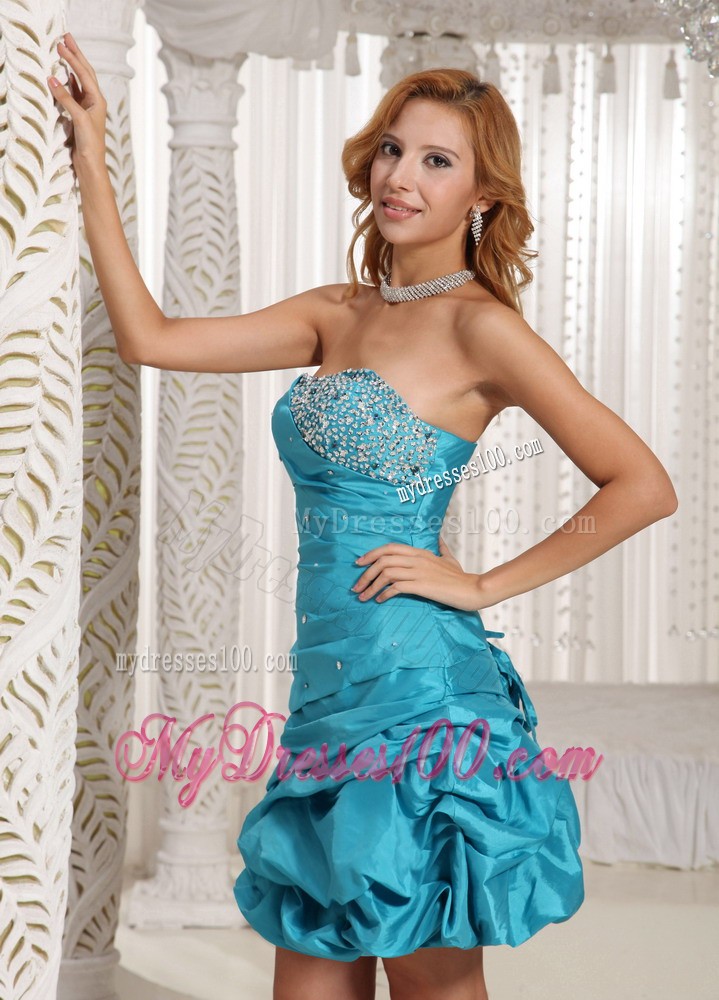 Strapless Beaded Decorate Bust and Pick-ups Aqua Blue Evening Dress