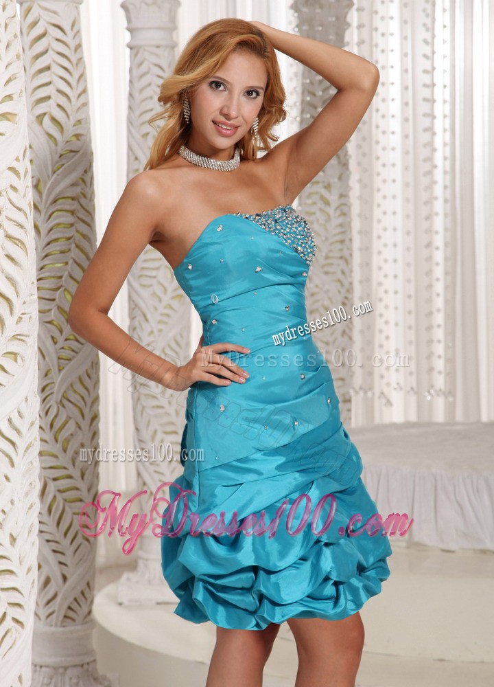 Strapless Beaded Decorate Bust and Pick-ups Aqua Blue Evening Dress