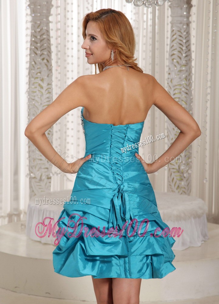 Strapless Beaded Decorate Bust and Pick-ups Aqua Blue Evening Dress