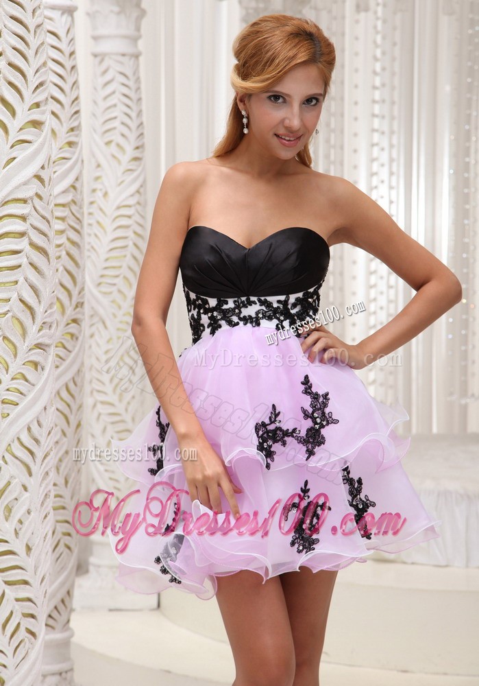 Sweet 2013 Pink Mini-length Evening Dress with Black Appliques
