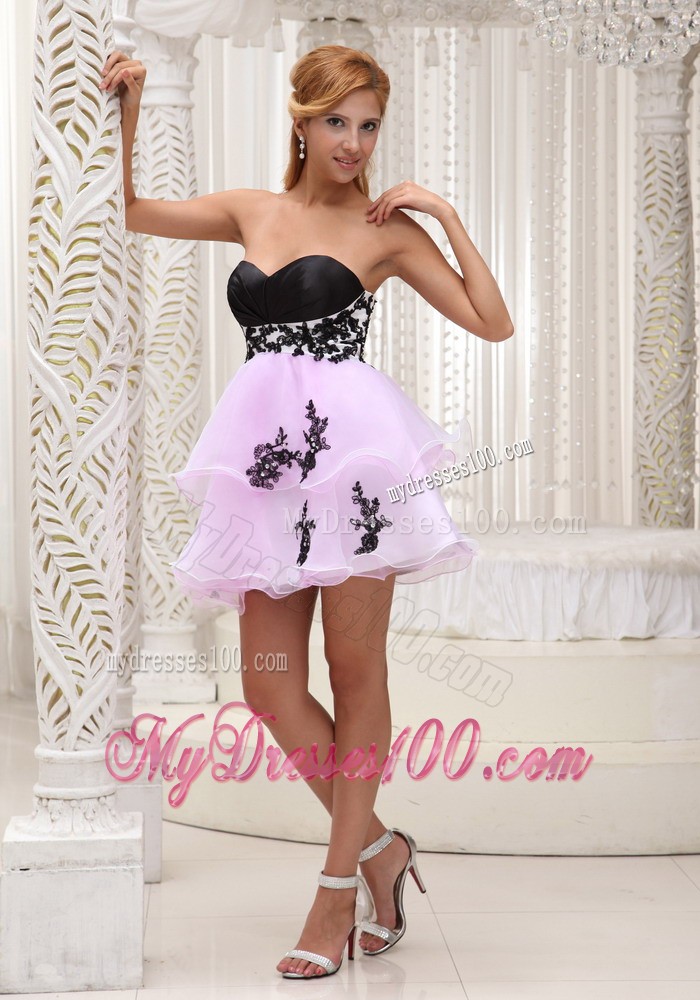 Sweet 2013 Pink Mini-length Evening Dress with Black Appliques