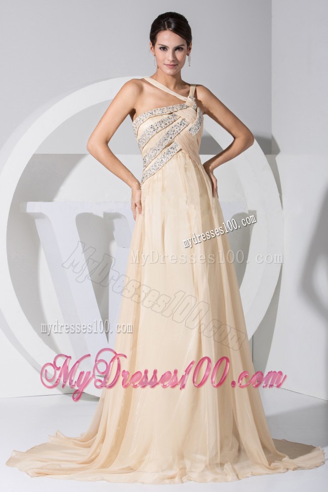 Asymmetrical Beaded Decorate Champagne Prom Evening Dress