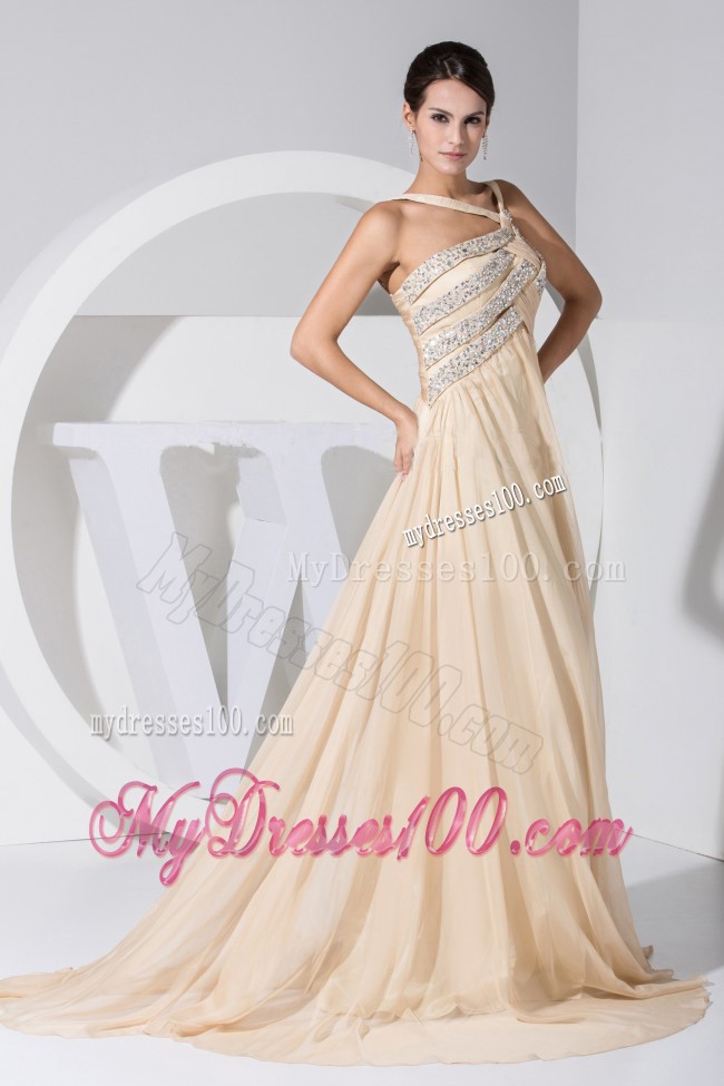 Asymmetrical Beaded Decorate Champagne Prom Evening Dress