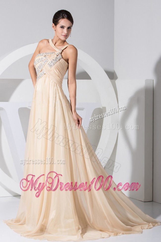 Asymmetrical Beaded Decorate Champagne Prom Evening Dress