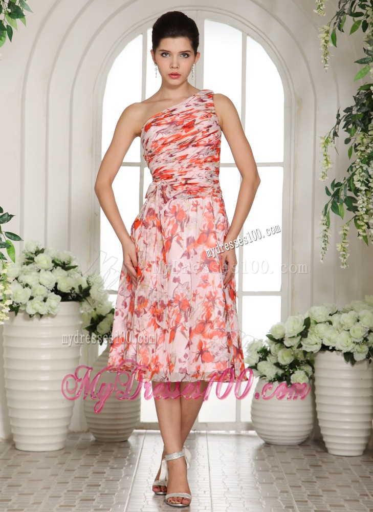 Printing One Shoulder Tea-length Evening Dress For Custom Made