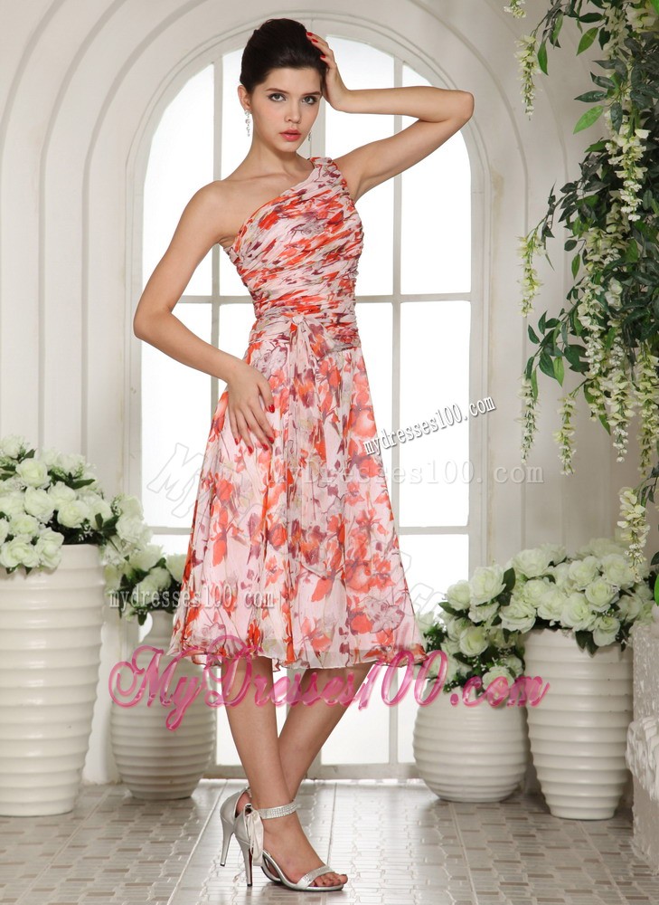 Printing One Shoulder Tea-length Evening Dress For Custom Made