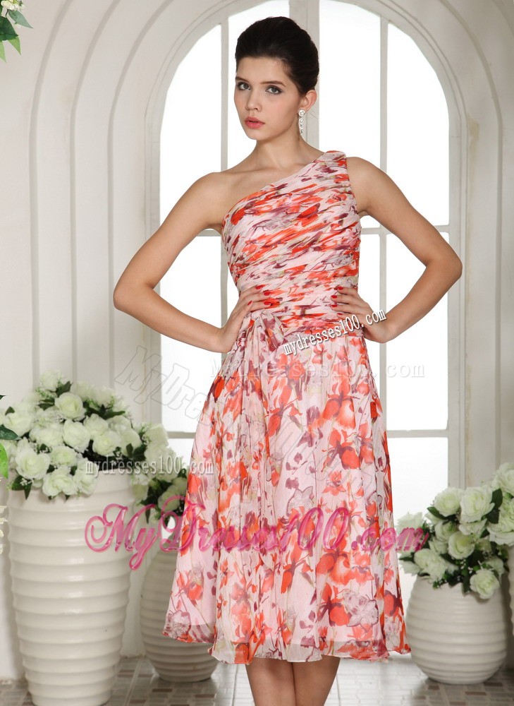 Printing One Shoulder Tea-length Evening Dress For Custom Made