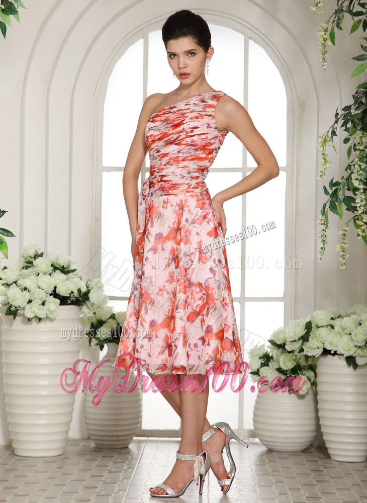 Printing One Shoulder Tea-length Evening Dress For Custom Made