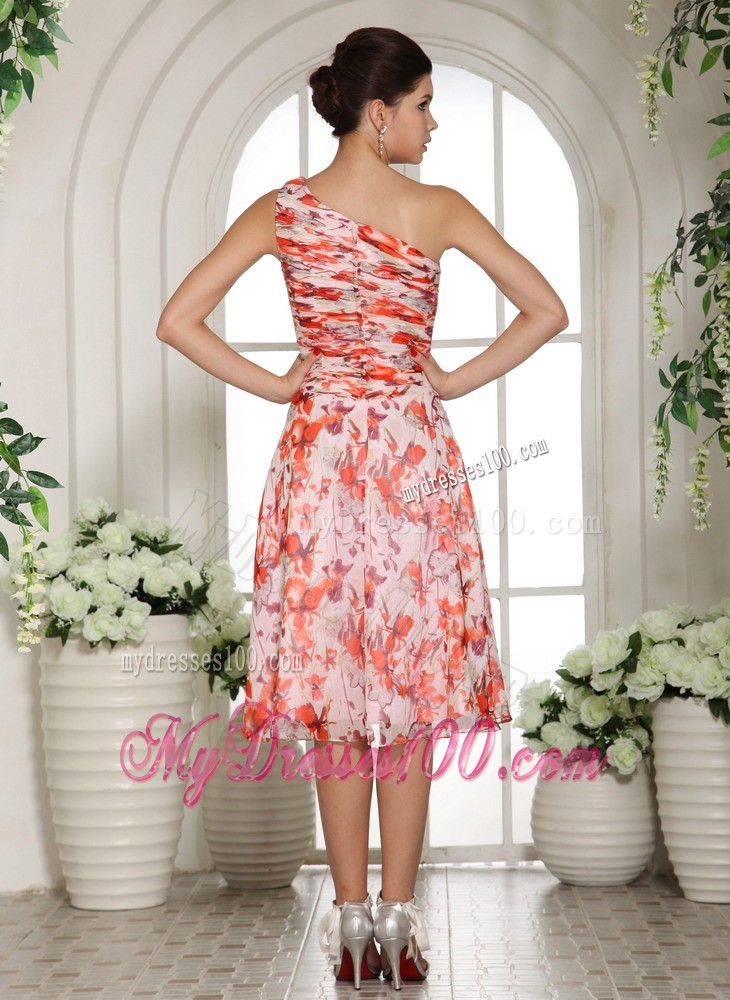 Printing One Shoulder Tea-length Evening Dress For Custom Made