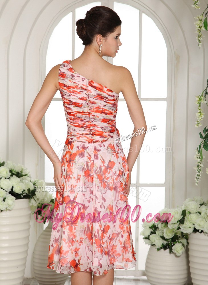 Printing One Shoulder Tea-length Evening Dress For Custom Made