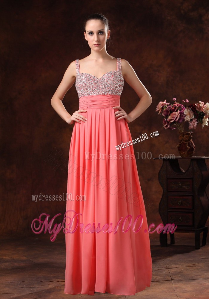 Beaded Decorate Straps and Bust Ruch Watermelon Red Chiffon Floor-length 2013 Prom / Evening Dress