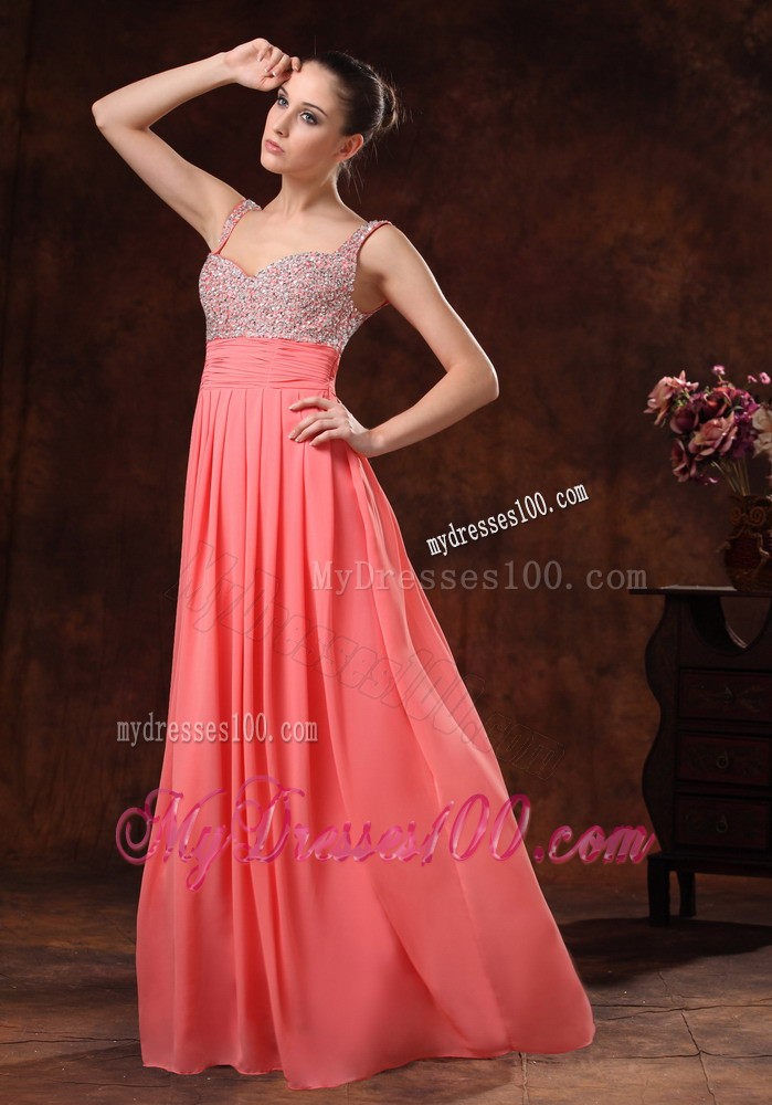 Beaded Decorate Straps and Bust Ruch Watermelon Red Chiffon Floor-length 2013 Prom / Evening Dress