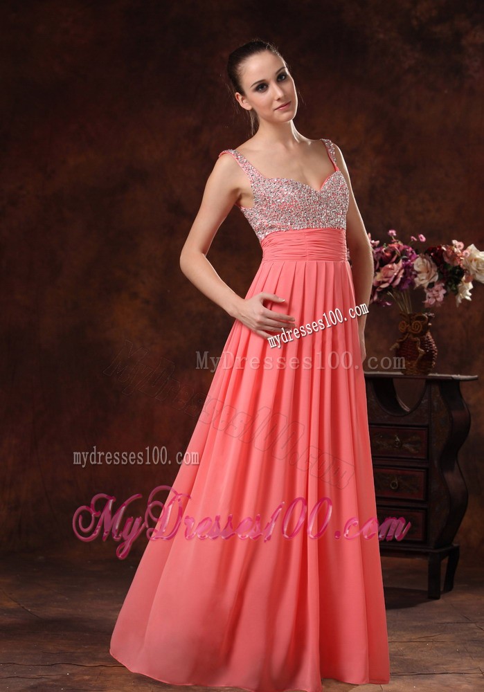 Beaded Decorate Straps and Bust Ruch Watermelon Red Chiffon Floor-length 2013 Prom / Evening Dress