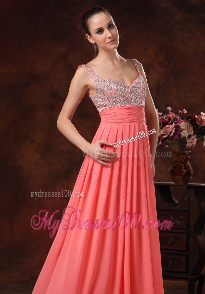 Beaded Decorate Straps and Bust Ruch Watermelon Red Chiffon Floor-length 2013 Prom / Evening Dress