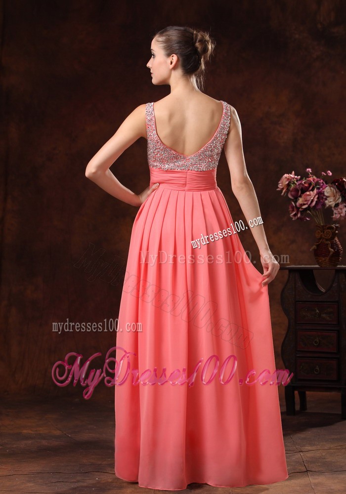 Beaded Decorate Straps and Bust Ruch Watermelon Red Chiffon Floor-length 2013 Prom / Evening Dress