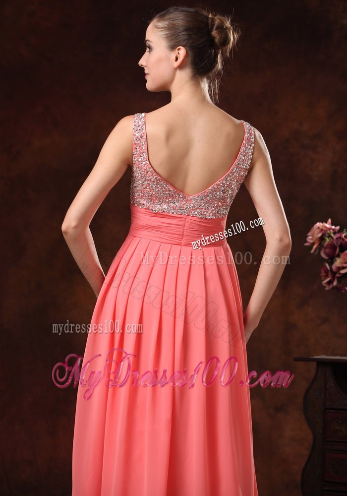 Beaded Decorate Straps and Bust Ruch Watermelon Red Chiffon Floor-length 2013 Prom / Evening Dress