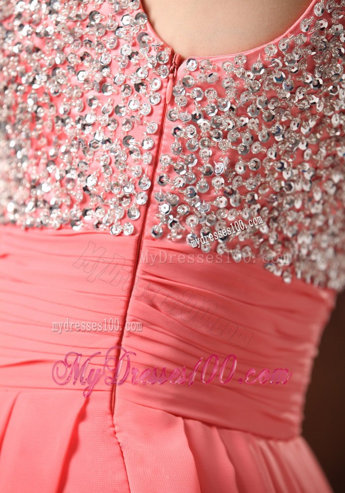 Beaded Decorate Straps and Bust Ruch Watermelon Red Chiffon Floor-length 2013 Prom / Evening Dress