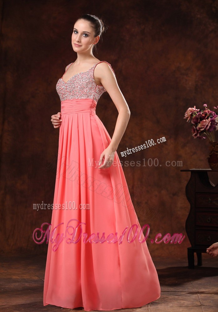 Beaded Decorate Straps and Bust Ruch Watermelon Red Chiffon Floor-length 2013 Prom / Evening Dress