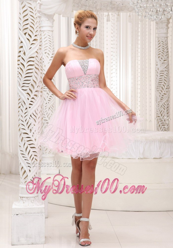 Beaded Up Bodice Lovely Baby Pink Prom / Cocktail Dress Strapless With Mini-length
