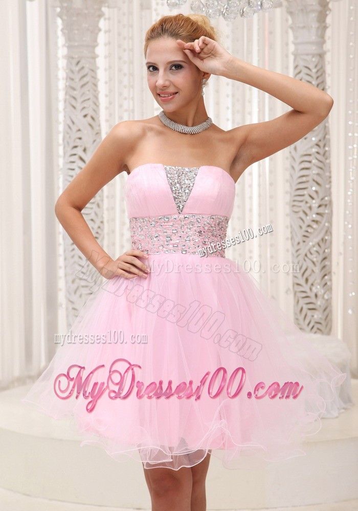 Beaded Up Bodice Lovely Baby Pink Prom / Cocktail Dress Strapless With Mini-length