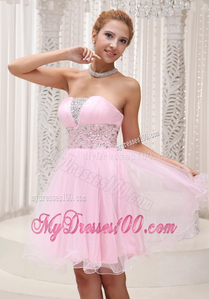 Beaded Up Bodice Lovely Baby Pink Prom / Cocktail Dress Strapless With Mini-length