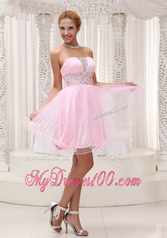 Beaded Up Bodice Lovely Baby Pink Prom / Cocktail Dress Strapless With Mini-length