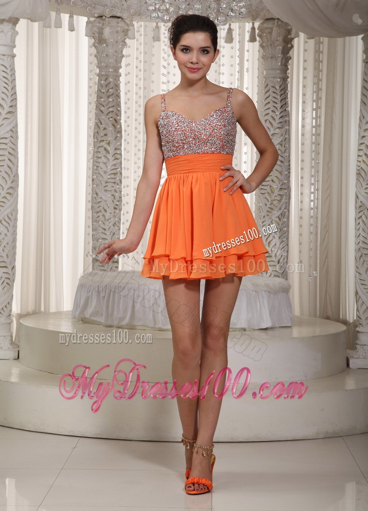 Orange Spaghetti Straps Mini-length Beading Prom Evening Dress