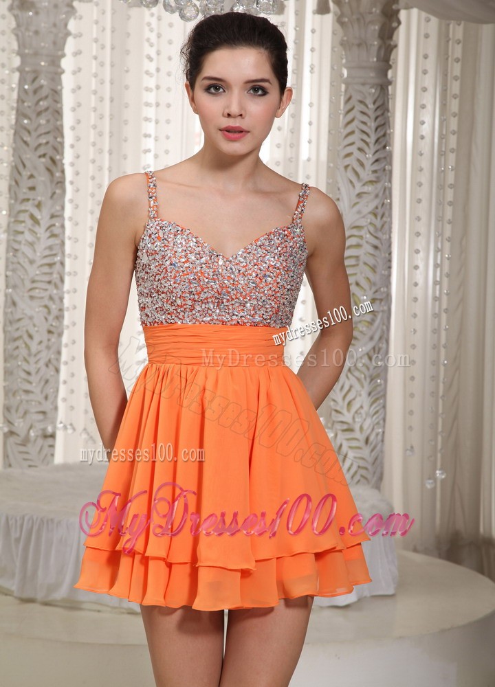 Orange Spaghetti Straps Mini-length Beading Prom Evening Dress