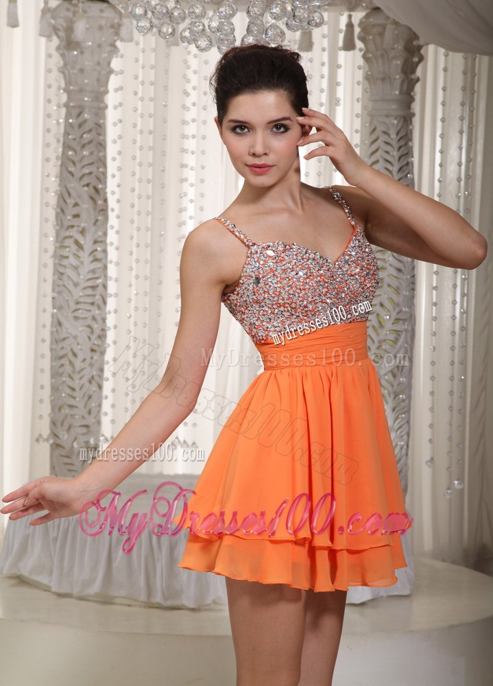 Orange Spaghetti Straps Mini-length Beading Prom Evening Dress