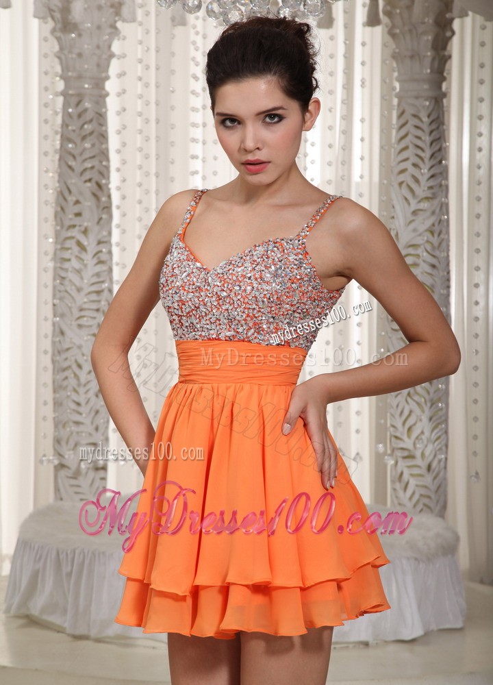 Orange Spaghetti Straps Mini-length Beading Prom Evening Dress