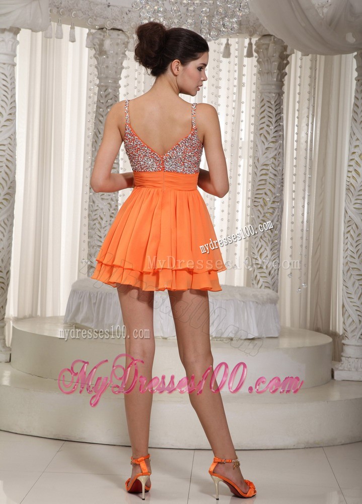 Orange Spaghetti Straps Mini-length Beading Prom Evening Dress