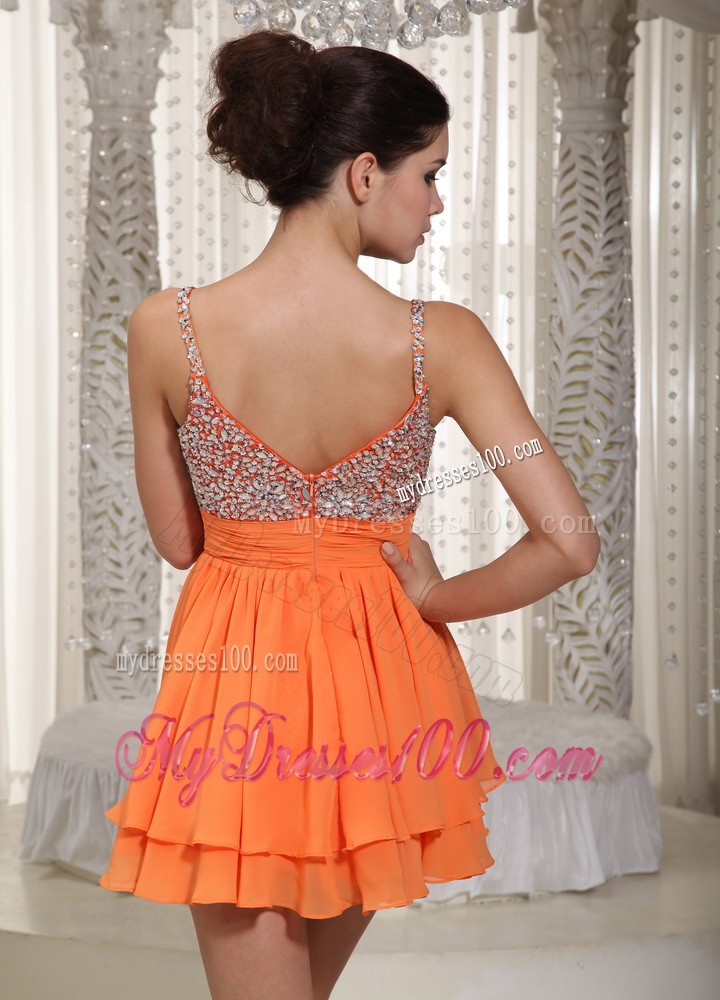 Orange Spaghetti Straps Mini-length Beading Prom Evening Dress