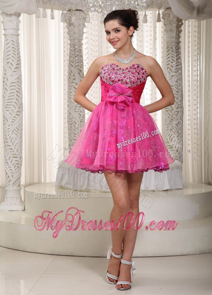 Hot Pink Sweetheart Beading and Hand Made Flower Evening Dress