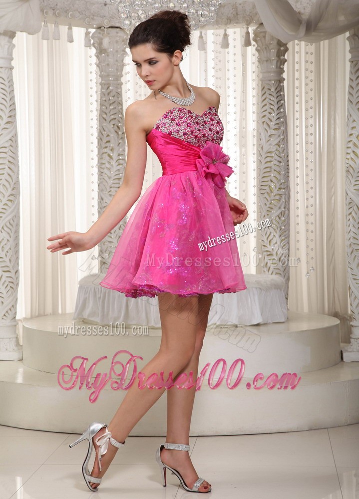 Hot Pink Sweetheart Beading and Hand Made Flower Evening Dress