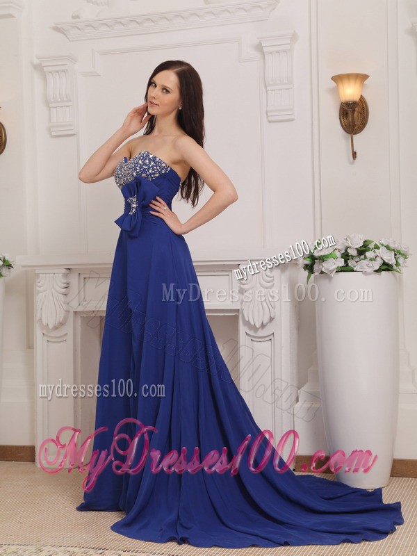 Blue Empire Sweetheart Court Train Chiffon Beading and Bow Prom Dress
