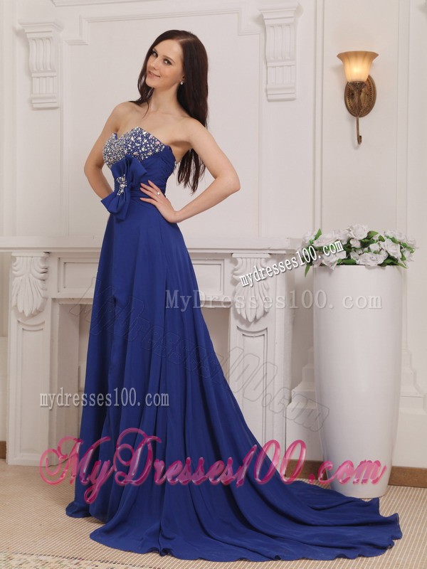 Blue Empire Sweetheart Court Train Chiffon Beading and Bow Prom Dress
