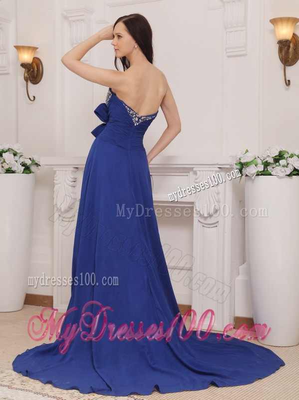 Blue Empire Sweetheart Court Train Chiffon Beading and Bow Prom Dress