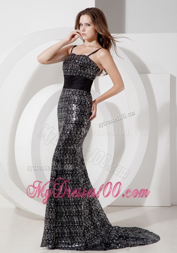 Custom Made Black Mermaid Spaghetti Straps Evening Dress Sequin Belt Brush Train