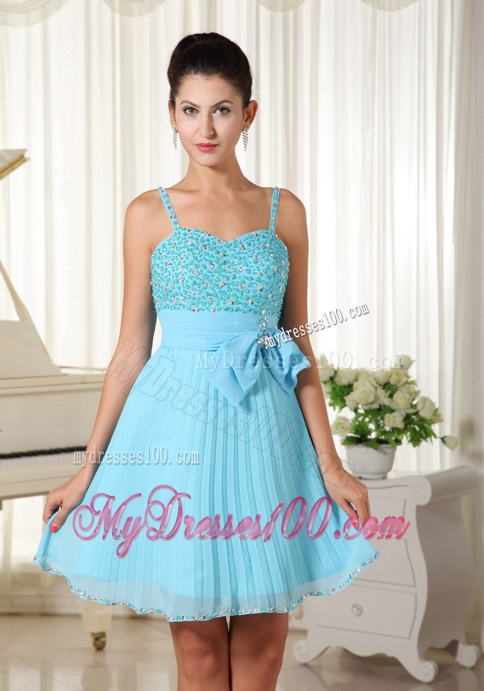 Spaghetti Straps Beaded Decorate and Bow Aqua Blue Evening Dress