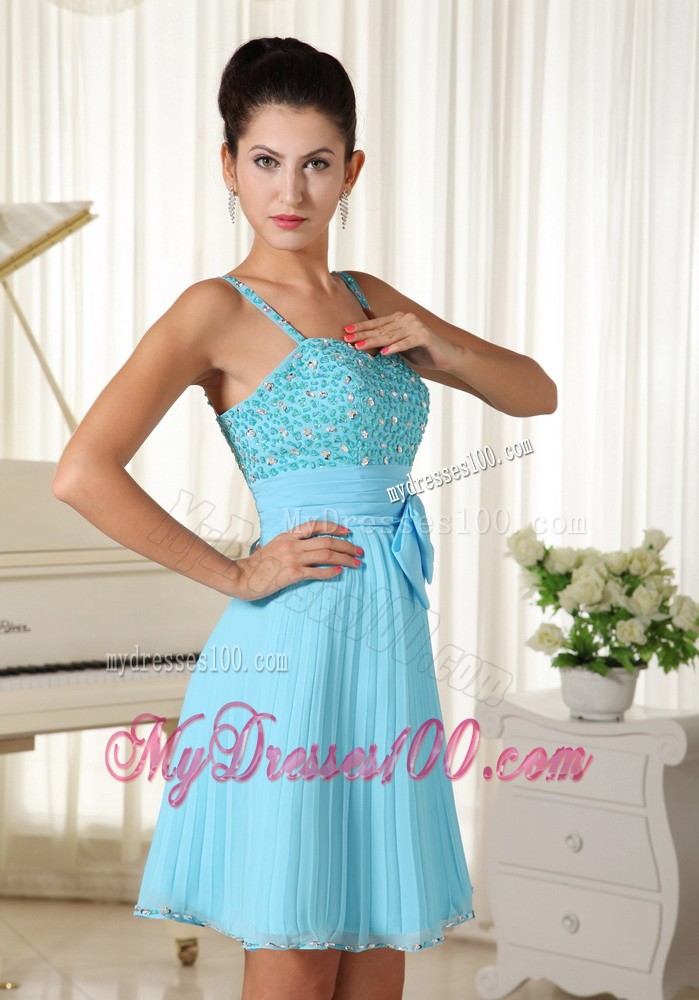 Spaghetti Straps Beaded Decorate and Bow Aqua Blue Evening Dress