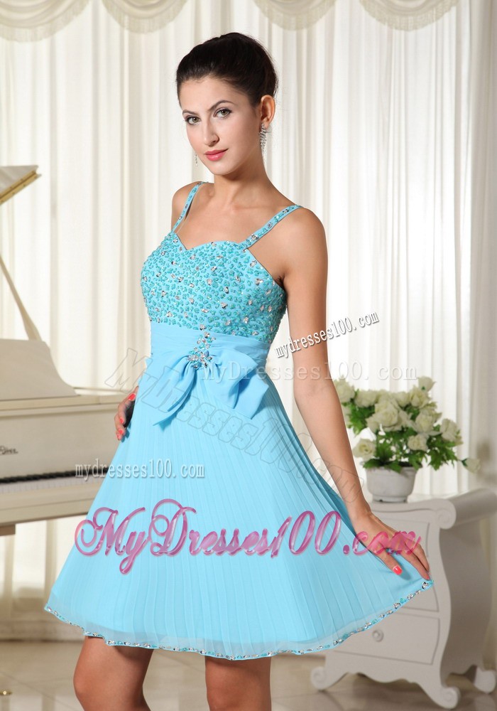 Spaghetti Straps Beaded Decorate and Bow Aqua Blue Evening Dress