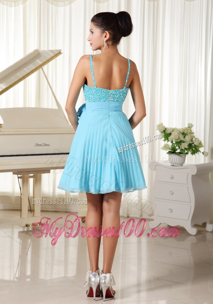 Spaghetti Straps Beaded Decorate and Bow Aqua Blue Evening Dress